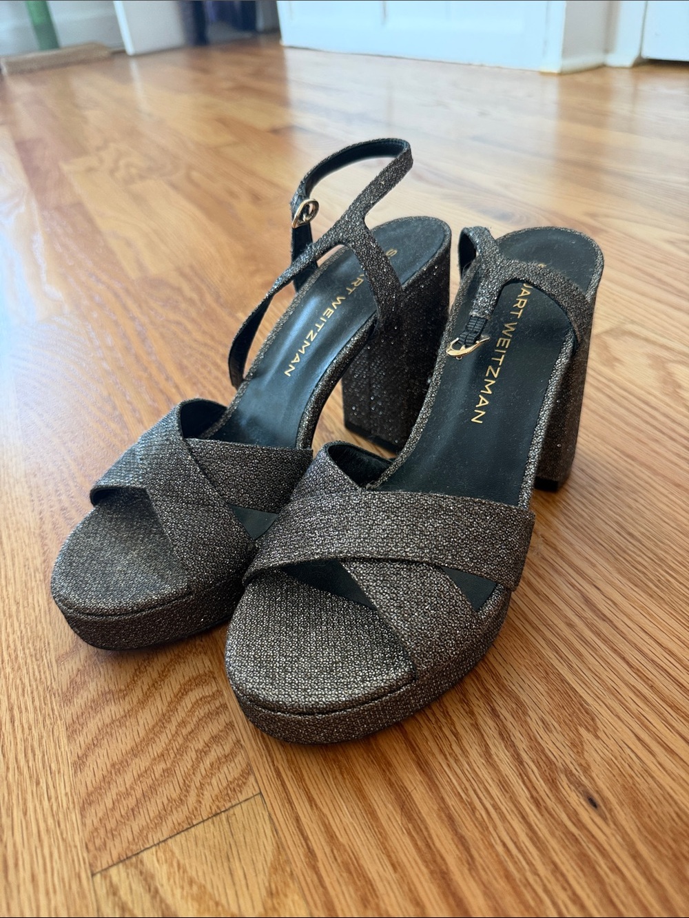 Stuart Weitzman Glittery Black Platform Block Heels NeW size 9